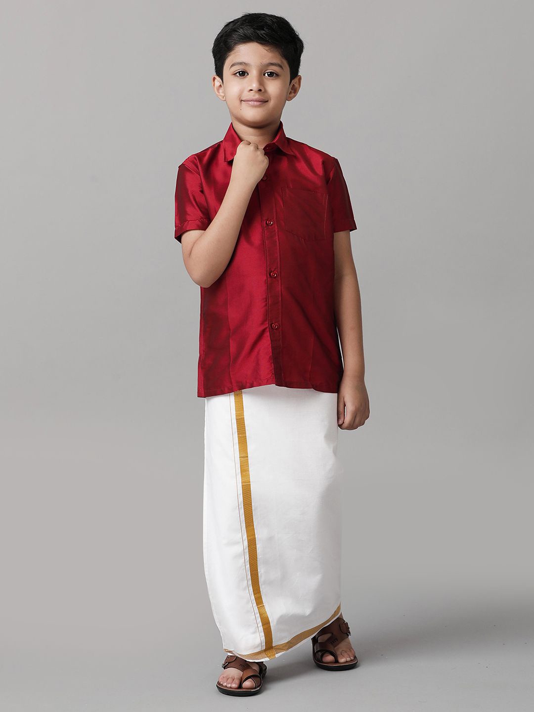 

Ramraj Boys Short Sleeves Shirt with Dhoti, Red