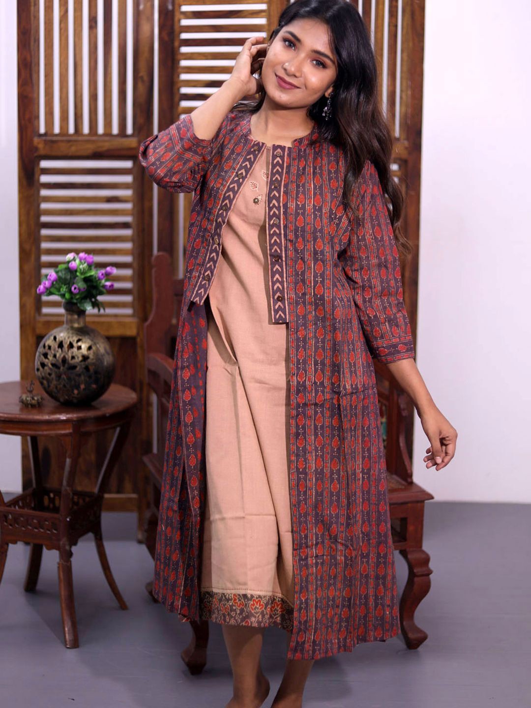 

Avishya Women Pure Cotton Printed A-Line Midi Ethnic Dresses with Jacket Peach