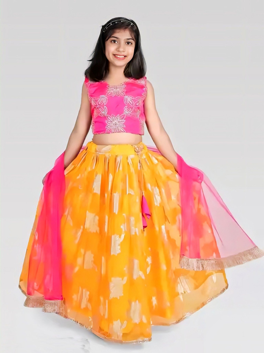 

BAESD Girls Embroidered Mirror Work Organza Ready to Wear Lehenga & Blouse With Dupatta, Yellow