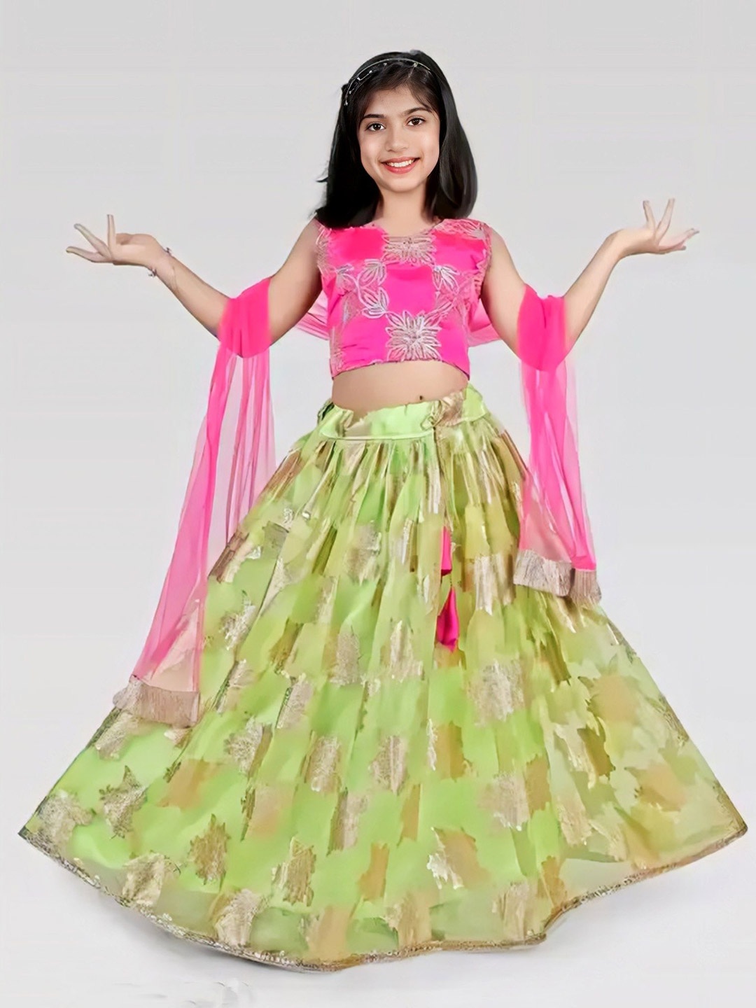

BAESD Girls Embroidered Mirror Work Organza Ready to Wear Lehenga & Blouse With Dupatta, Green