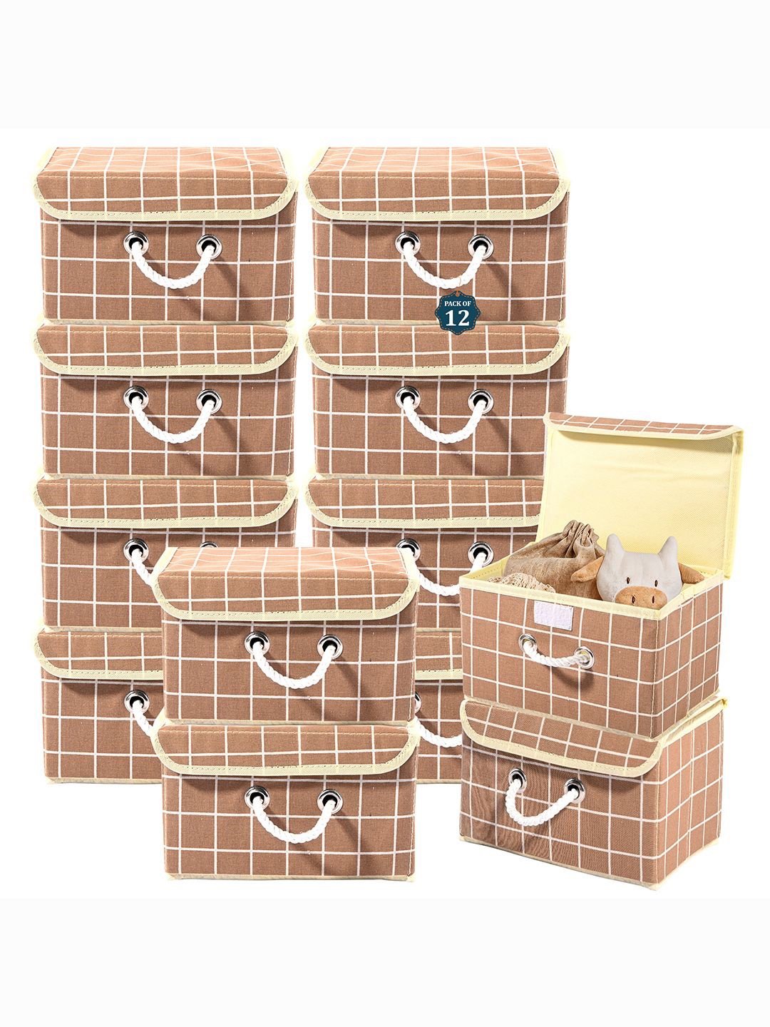 

Kuber Industries Brown 12 Pieces Reusable Drawer Organiser Check Print Storage Basket