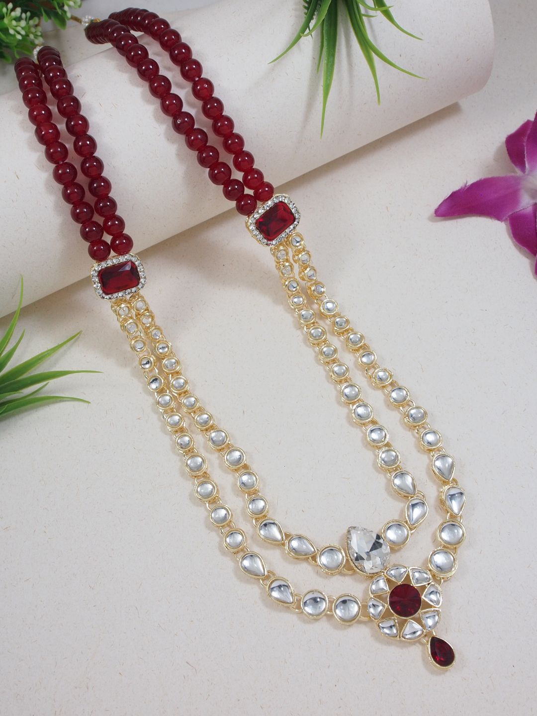 

I Jewels Men Gold-Plated Kundan Studded & Beaded Moti Mala Maharaja Two Layered Necklace