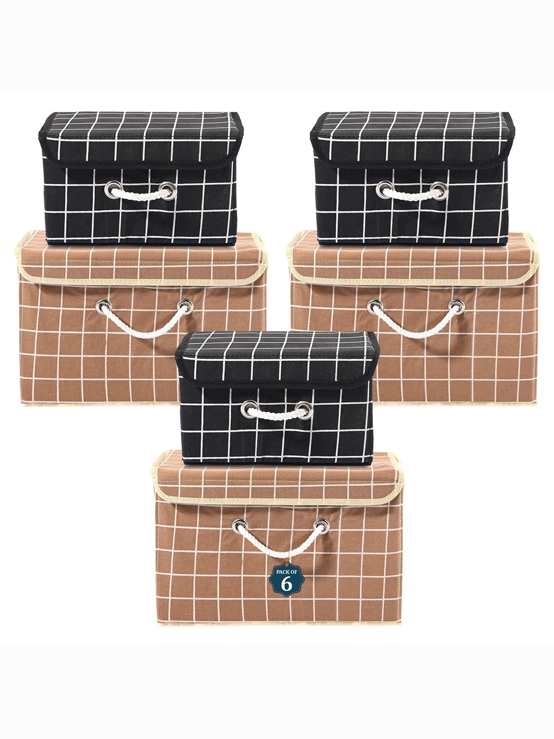

Kuber Industries Brown Set of 6 Checked Cotton Reusable Drawer Organisers