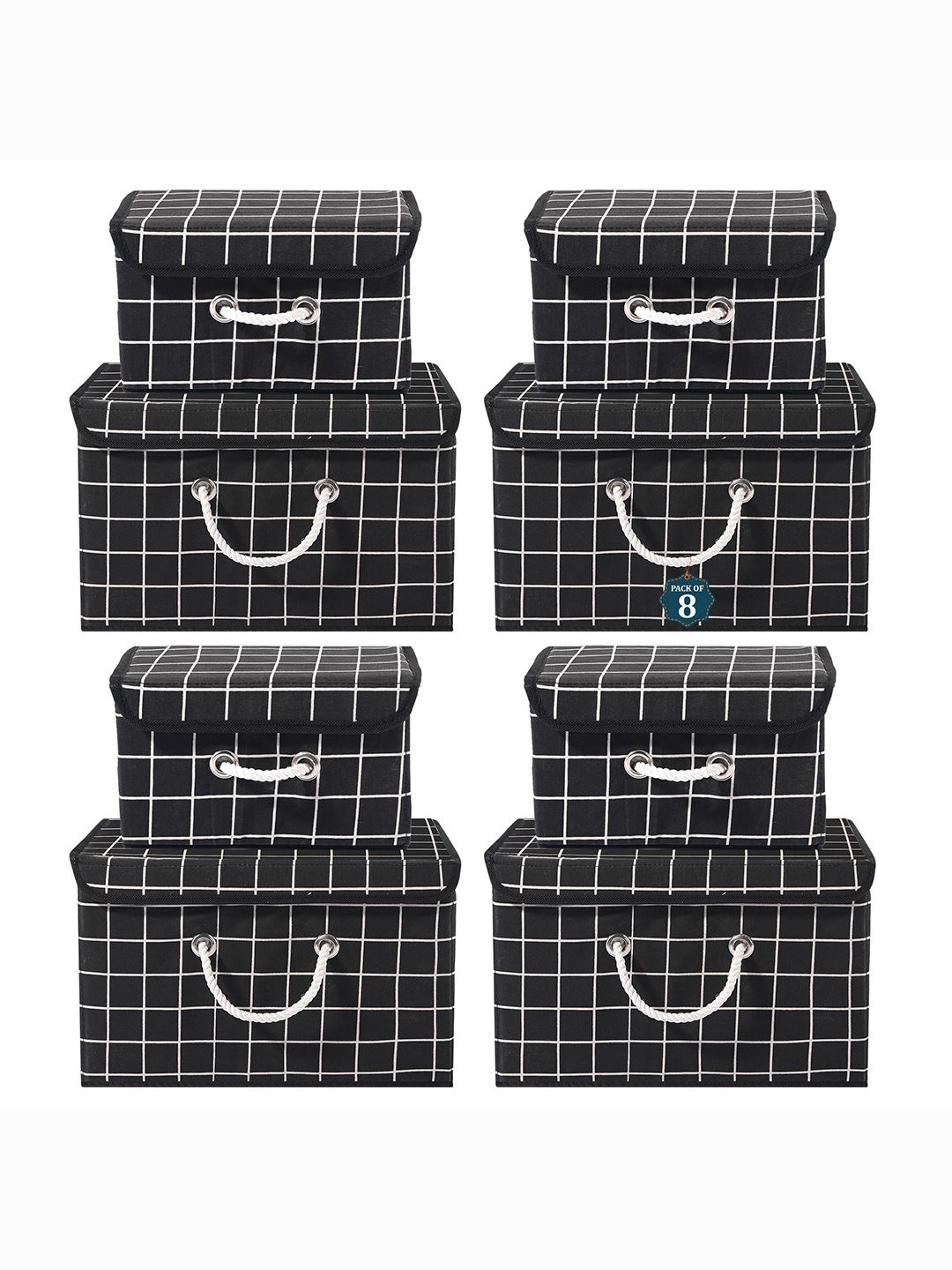 

Kuber Industries Black Set of 8 Reusable Drawer Organiser Check Print Storage Basket