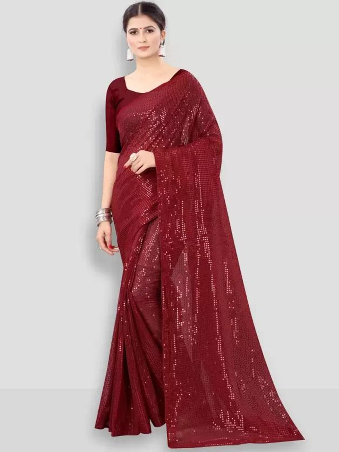 

KALINI Embellished Sequinned Poly Georgette Saree, Maroon