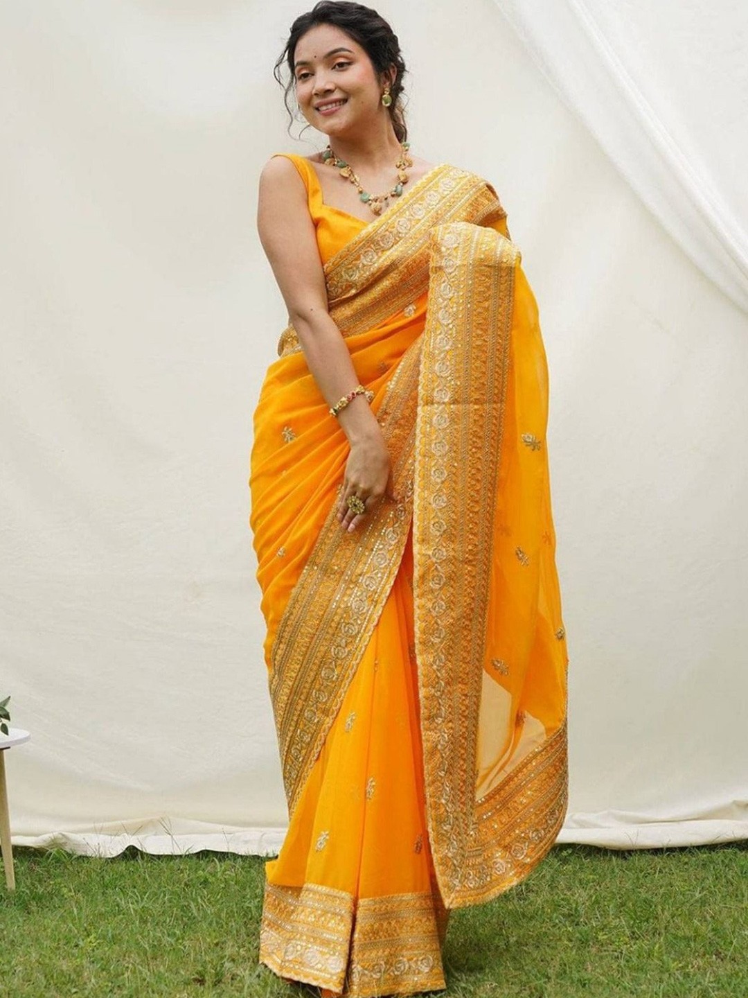 

Anouk Floral Embroidered Pure Georgette Saree, Yellow