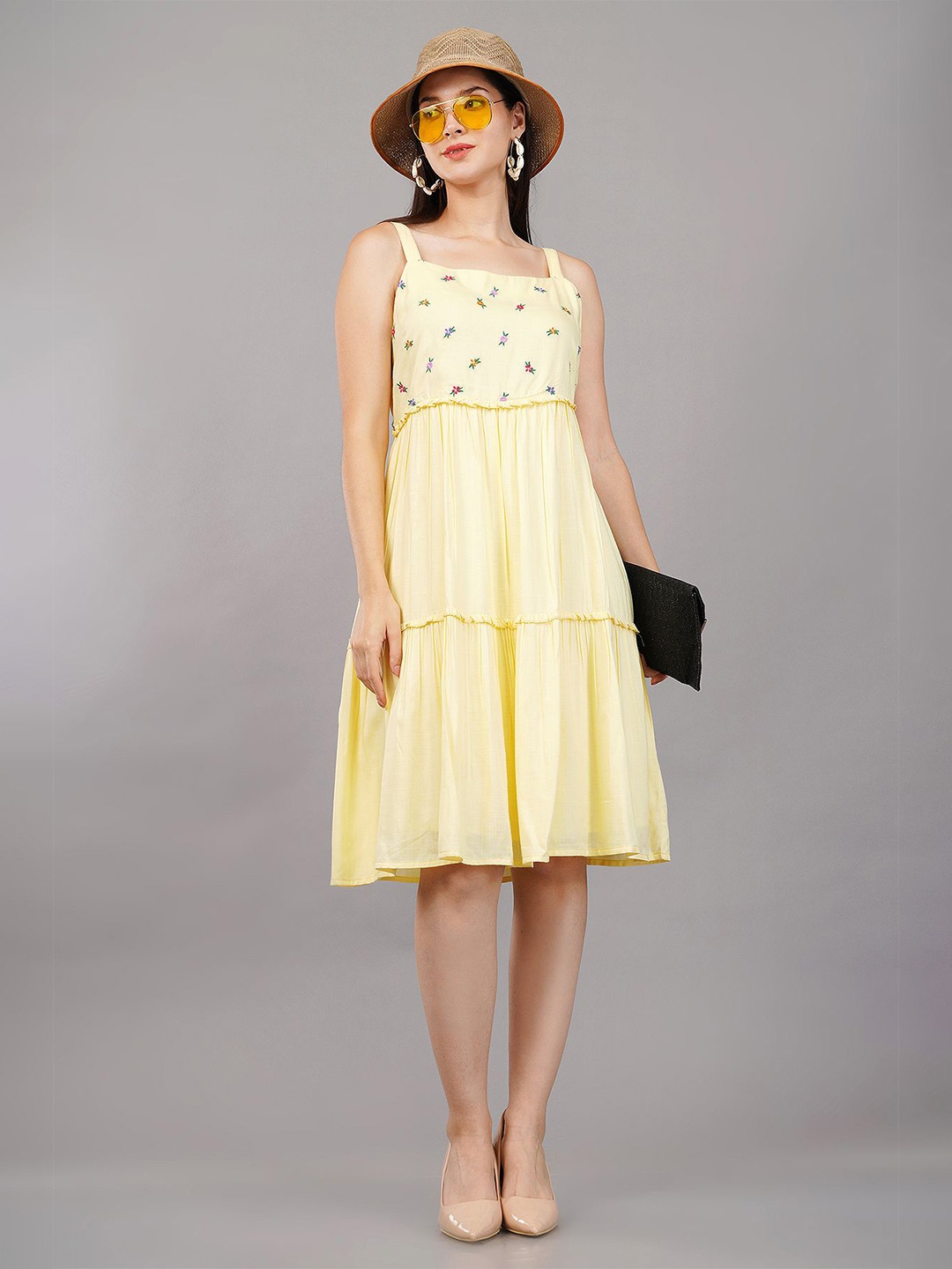 

Avaasa Buy Shruthi Women Floral Embroidered A-Line Dress, Yellow