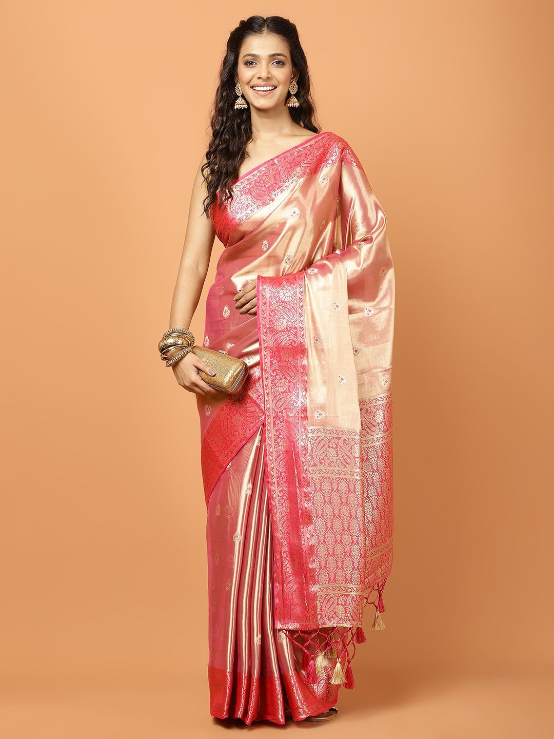 

Meena Bazaar Woven Design Zari Tissue Banarasi Saree, Pink