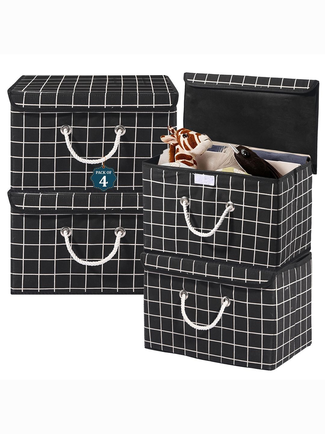 

Kuber Industries Black Set of 4 Checked Cotton Reusable Drawer Organisers