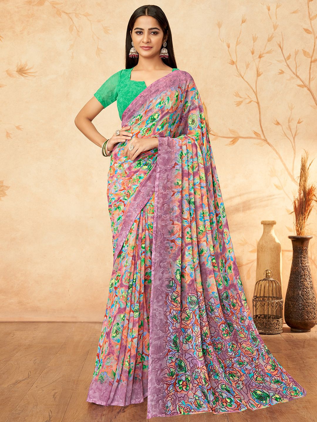 

Mitera Floral Printed Poly Georgette Saree With Unstitched Blouse Piece, Lavender