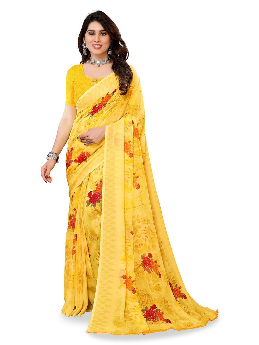 

Moda Rapido Floral Printed Saree With Blouse Piece, Yellow