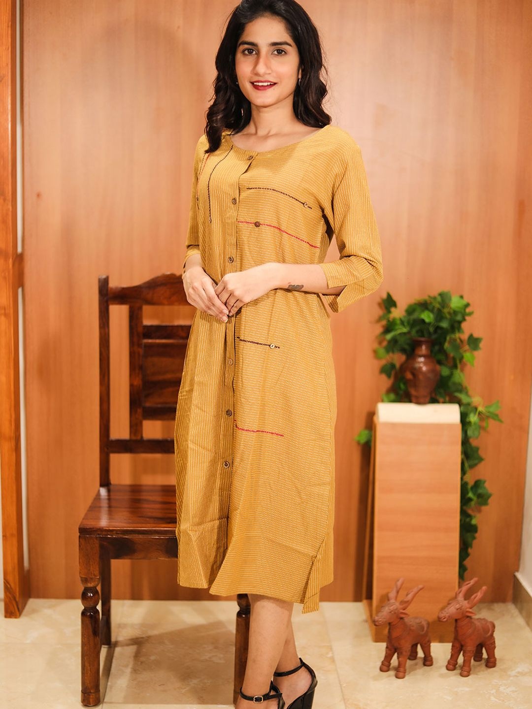 

Avishya Embroidered Striped Pure Cotton A-Line Dress, Yellow