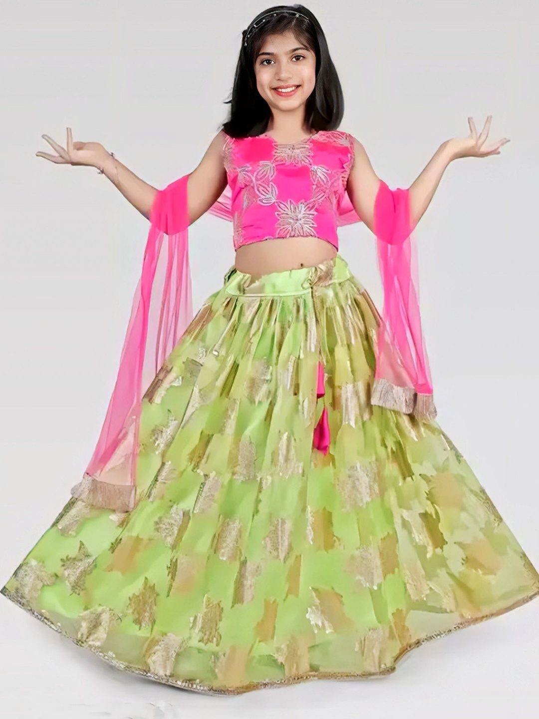 

BAESD Girls Embroidered Organza Ready to Wear Lehenga & Blouse With Dupatta, Green