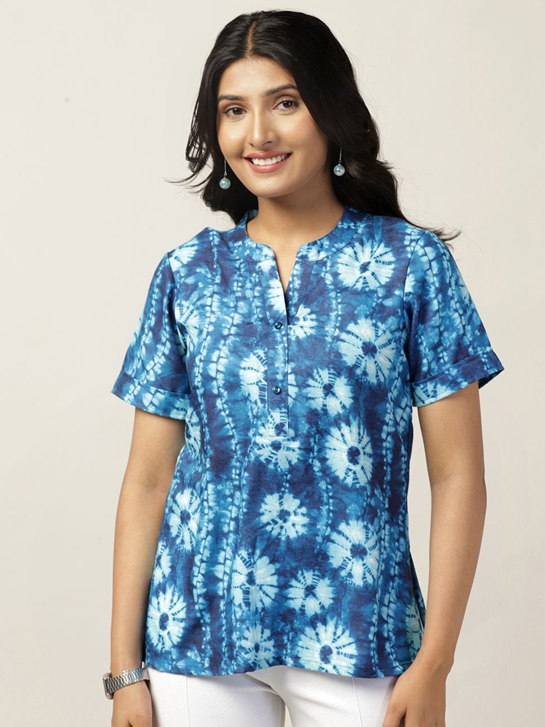 

Moda Rapido Women Tie and Dye Mandarin Collar Top, Blue