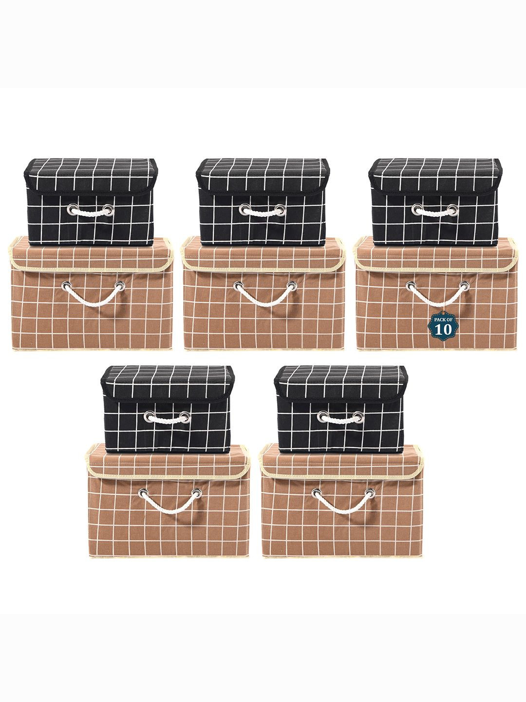 

Kuber Industries Brown Set of 10 Reusable Drawer Organiser Printed Storage Basket