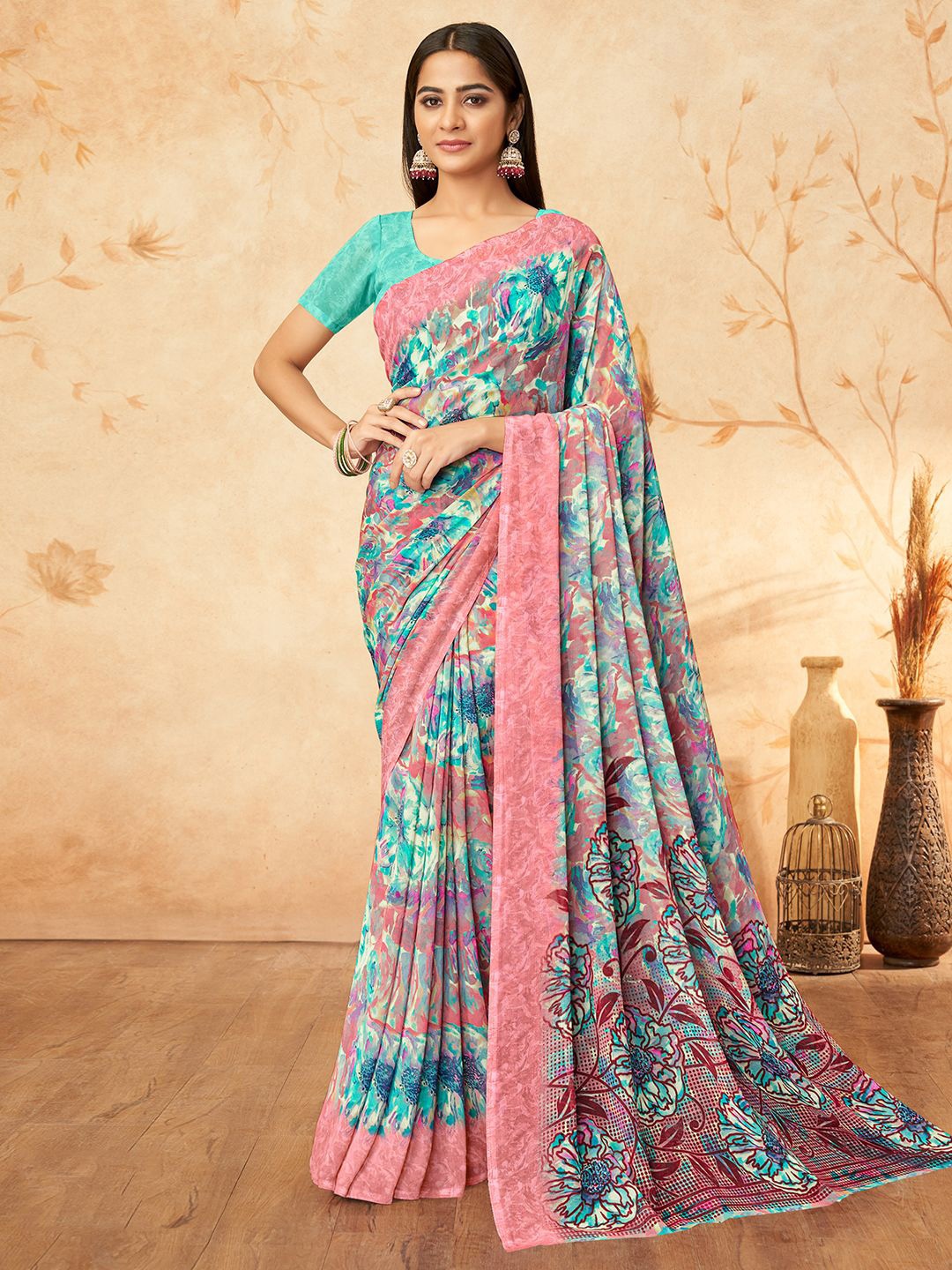 

Mitera Floral Printed Saree With Unstitched Blouse Piece, Blue