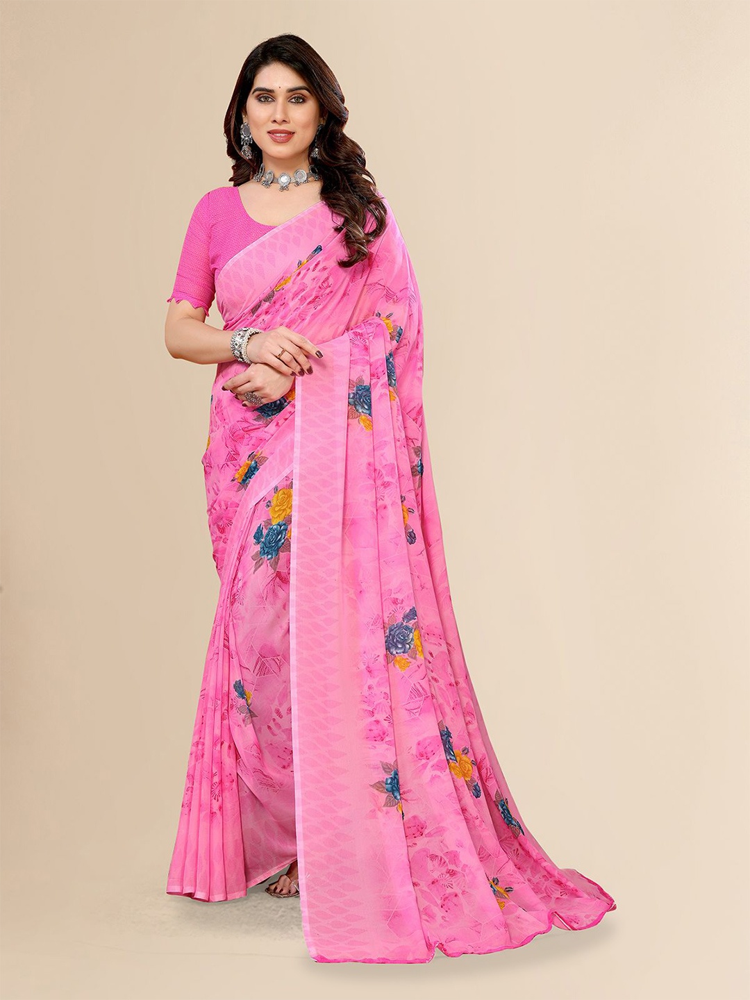 

Moda Rapido Floral Poly Georgette Saree, Pink