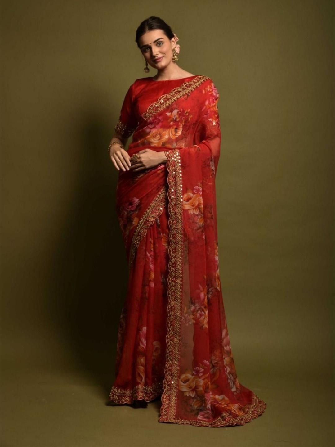 

Anouk Floral Printed Embroidered Pure Georgette Saree, Red