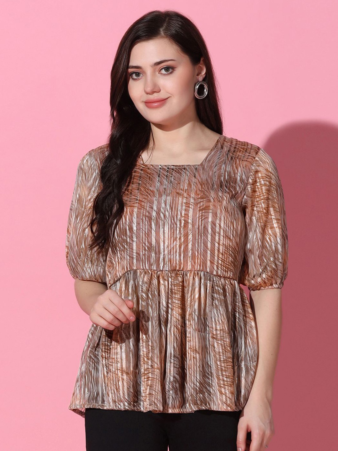 

Moda Rapido Women Geometric Printed Puff Sleeve Georgette Top, Brown