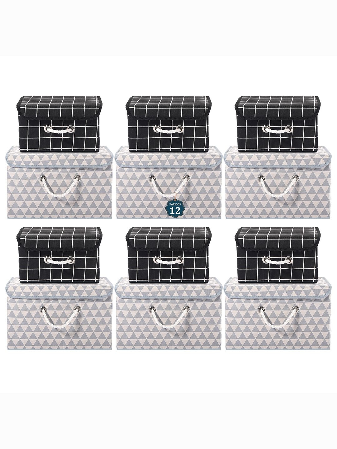 

Kuber Industries Grey & Black Set of 12 Reusable Drawer Organiser Printed Storage Basket