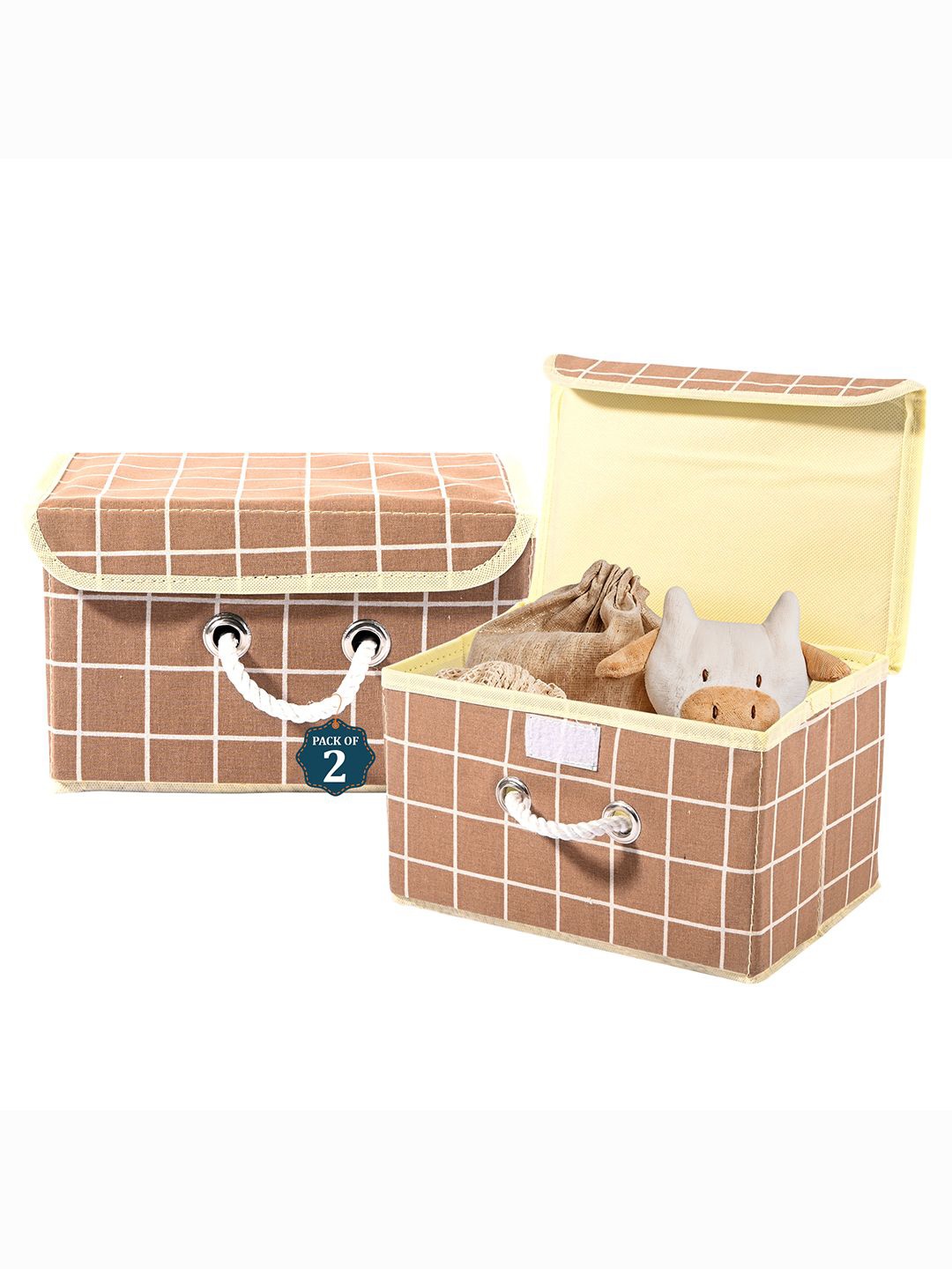 

Kuber Industries Brown & White 2 Pieces Checked Cotton Multipurpose Drawer Organisers