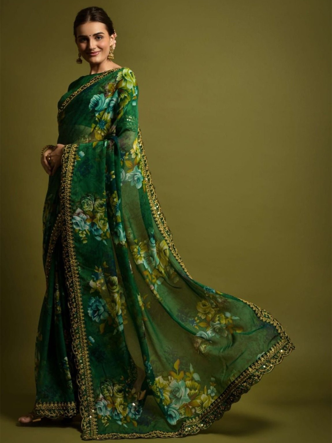 

Anouk Floral Printed Embroidered Pure Georgette Saree, Green