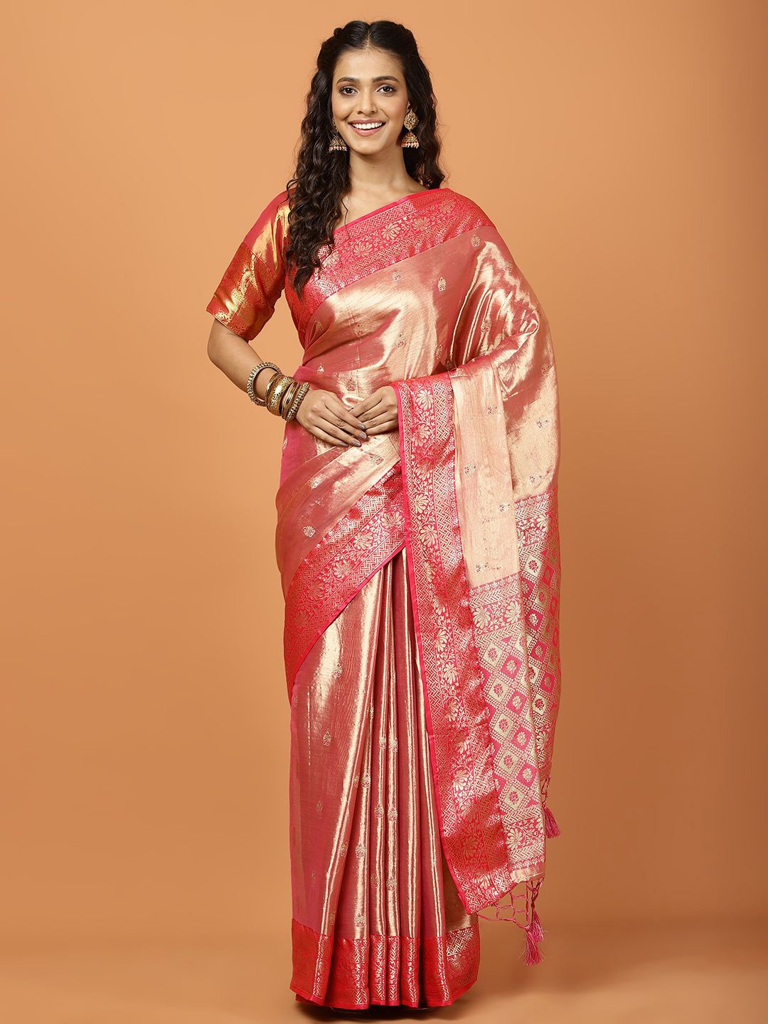 

Meena Bazaar Woven Design Zari Banarasi Saree, Pink