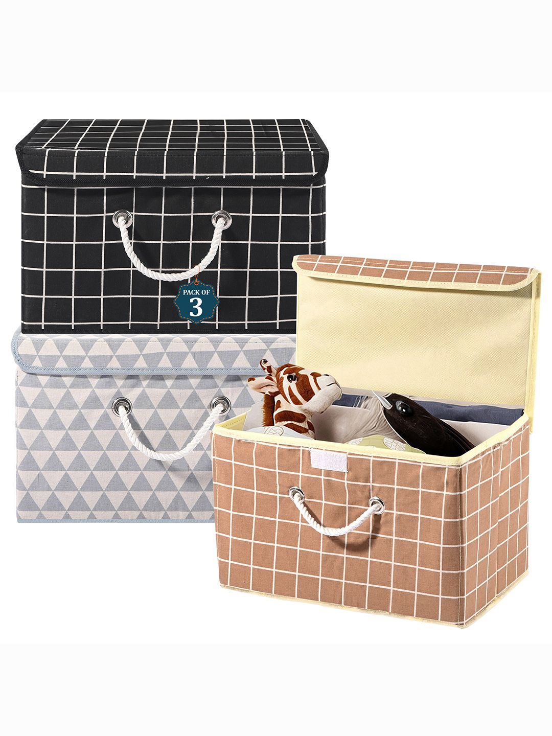 

Kuber Industries Brown & Grey 3 Pieces Printed Cotton Foldable Drawer Organisers