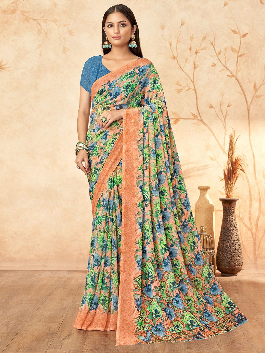 

Mitera Floral Poly Georgette Saree, Orange
