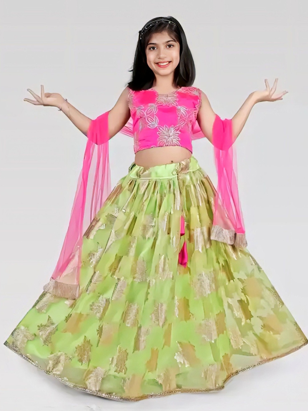 

BAESD Girls Embroidered Ready to Wear Lehenga & Blouse With Dupatta, Green