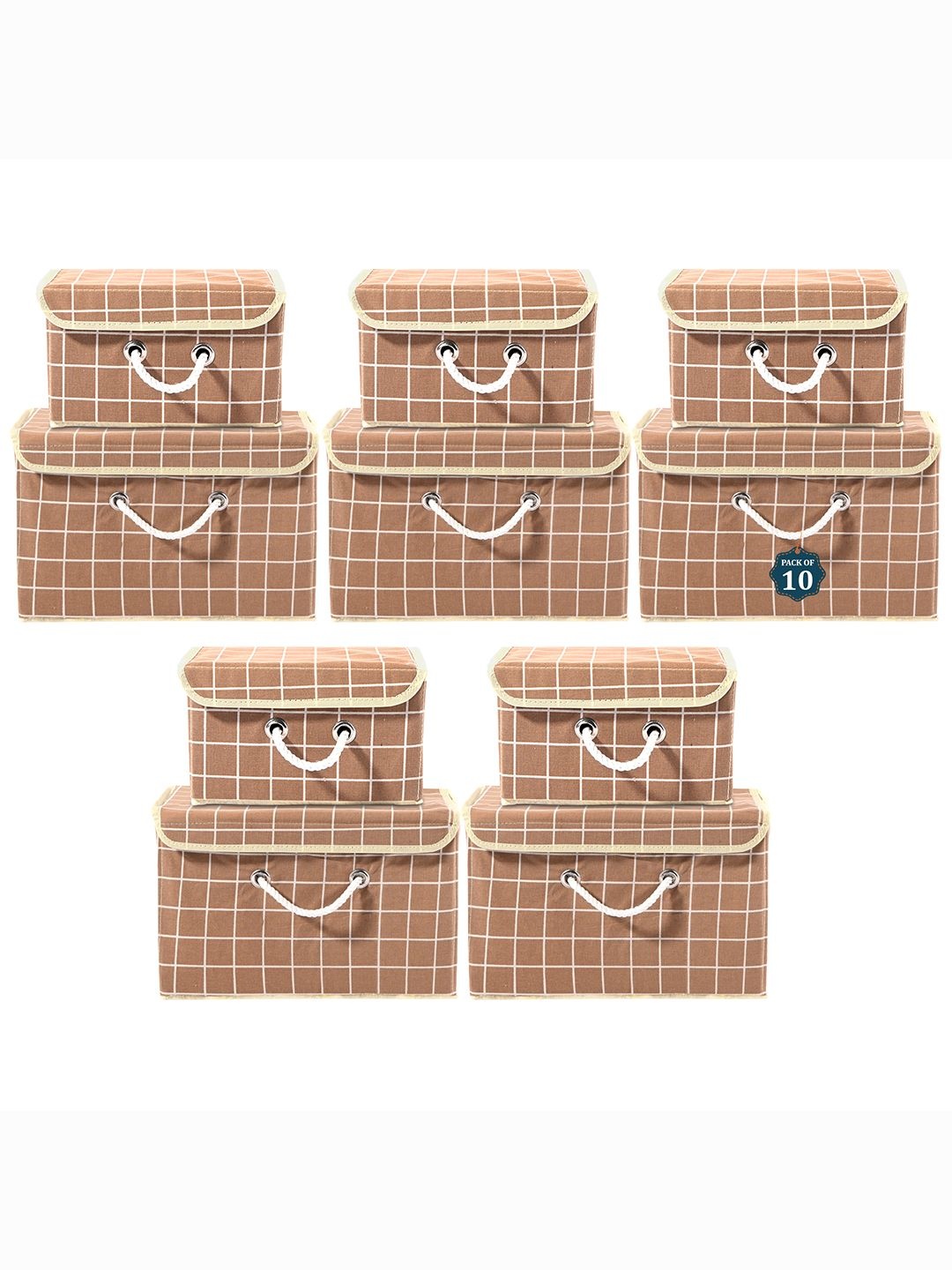 

Kuber Industries Brown Set of 10 Reusable Drawer Organiser Check Print Storage Basket