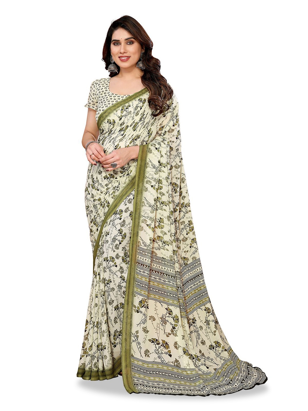

Moda Rapido Floral Printed Saree with Blouse Piece, Green