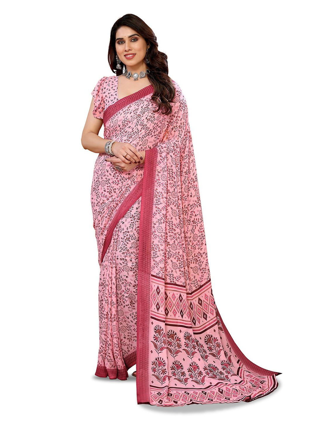 

Moda Rapido Floral Poly Georgette Saree, Pink
