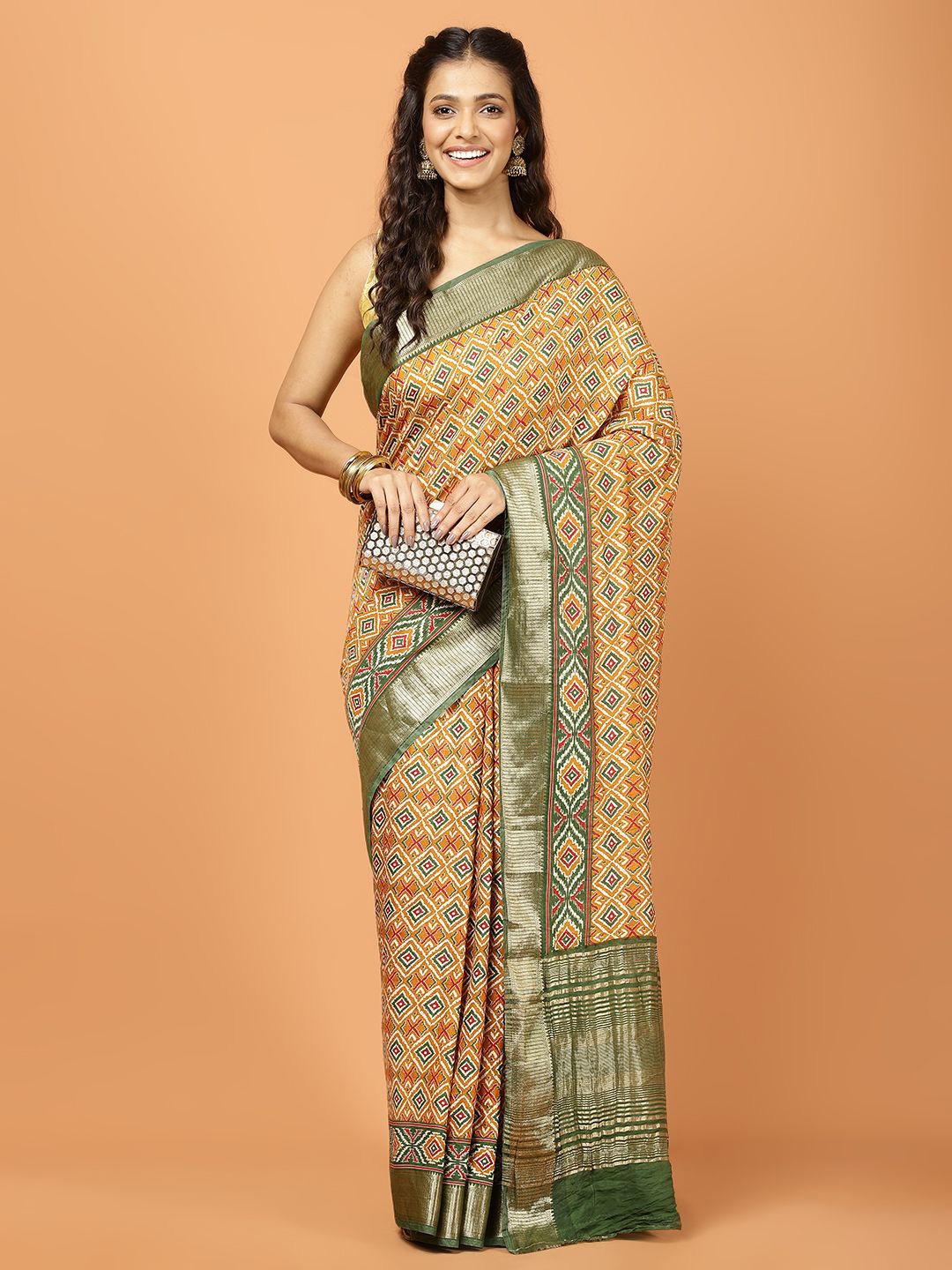 

Meena Bazaar Women Printed Zari Saree, Mustard