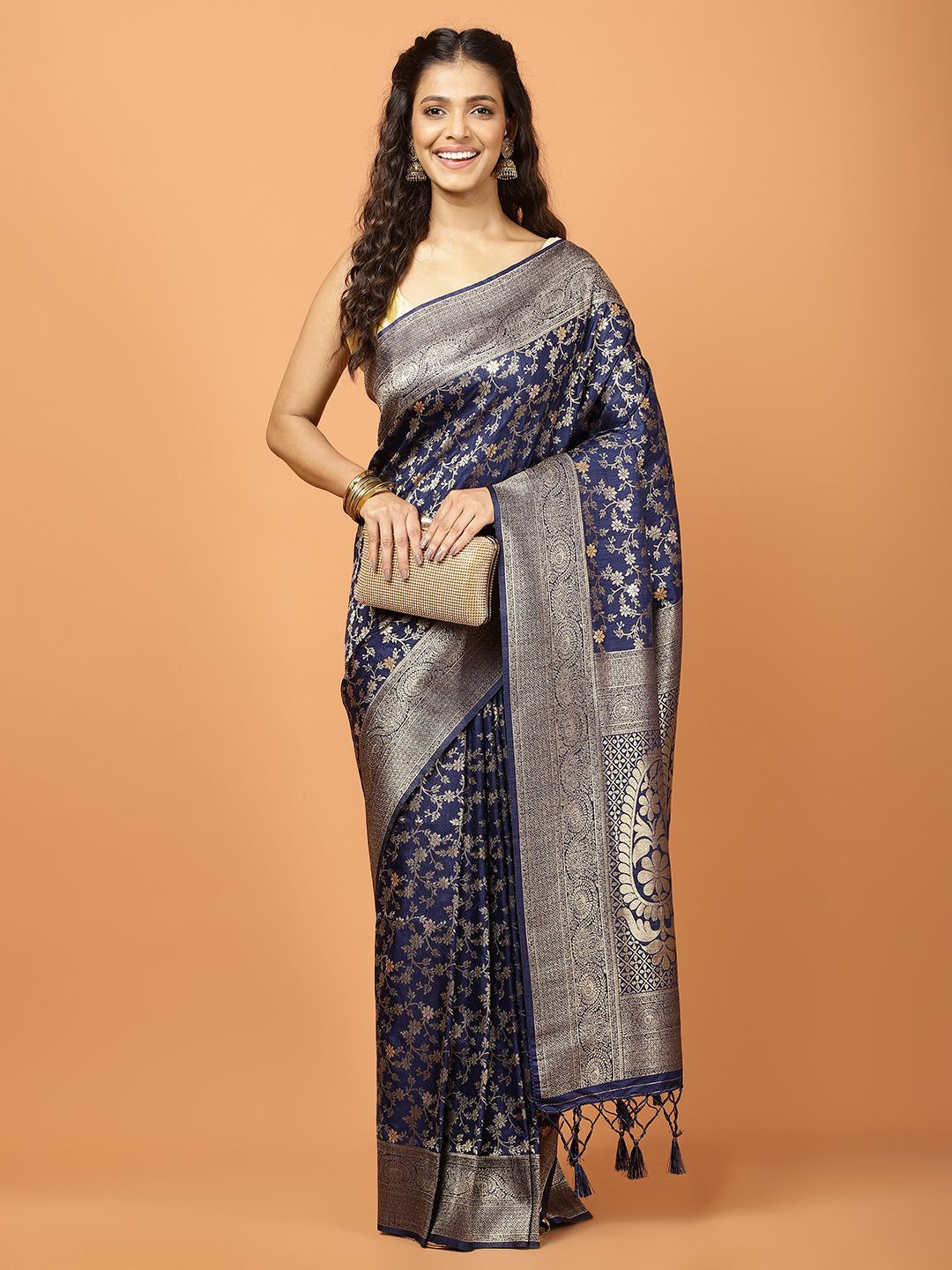 

Meena Bazaar Ethnic Motifs Woven Design Zari Saree, Navy blue