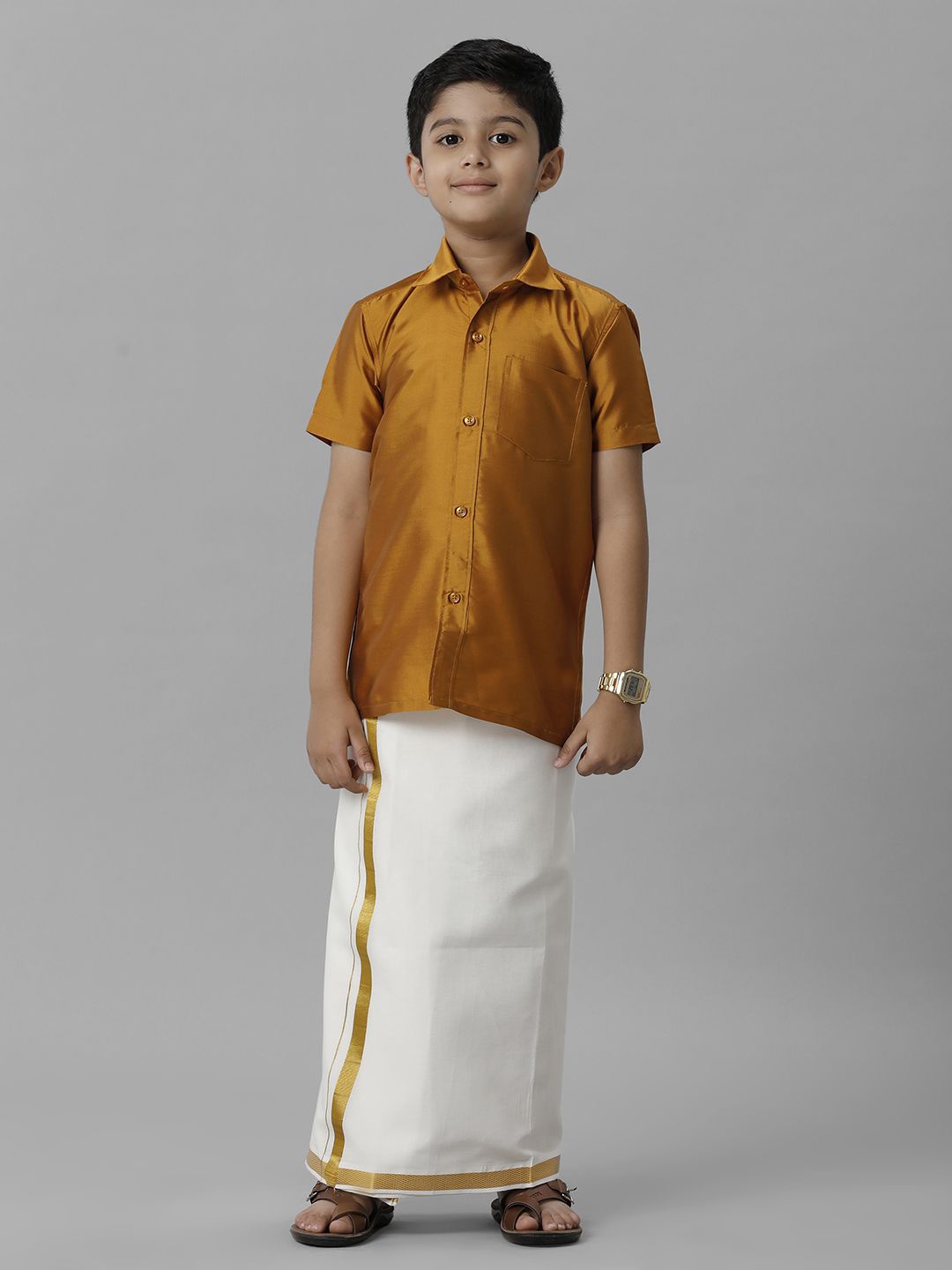 

Ramraj Boys Short Sleeves Shirt with Dhoti, Mustard