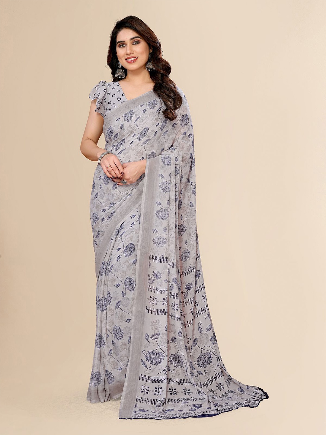 

Moda Rapido Floral Poly Georgette Saree, Grey