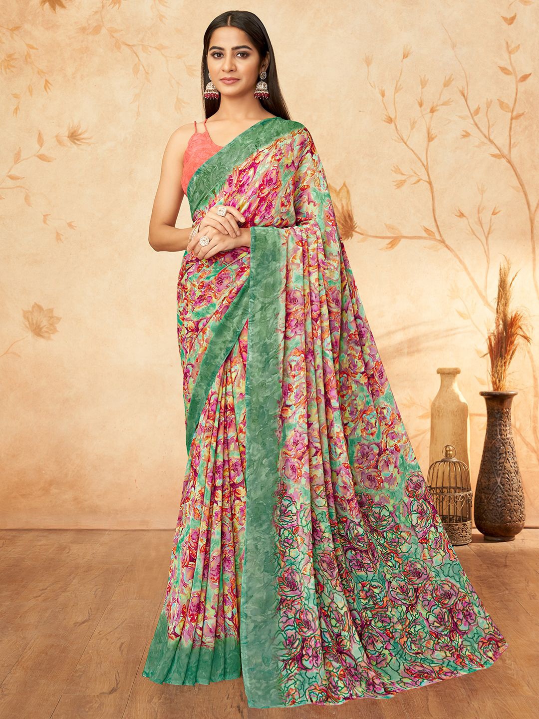 

Mitera Floral Printed Saree, Green