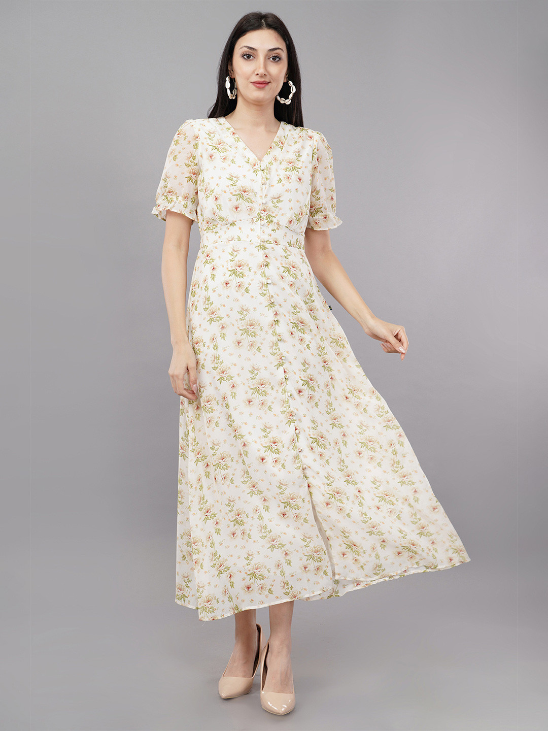 

Avaasa Buy Shruthi Floral Printed Fit & Flare Midi Dress, Beige