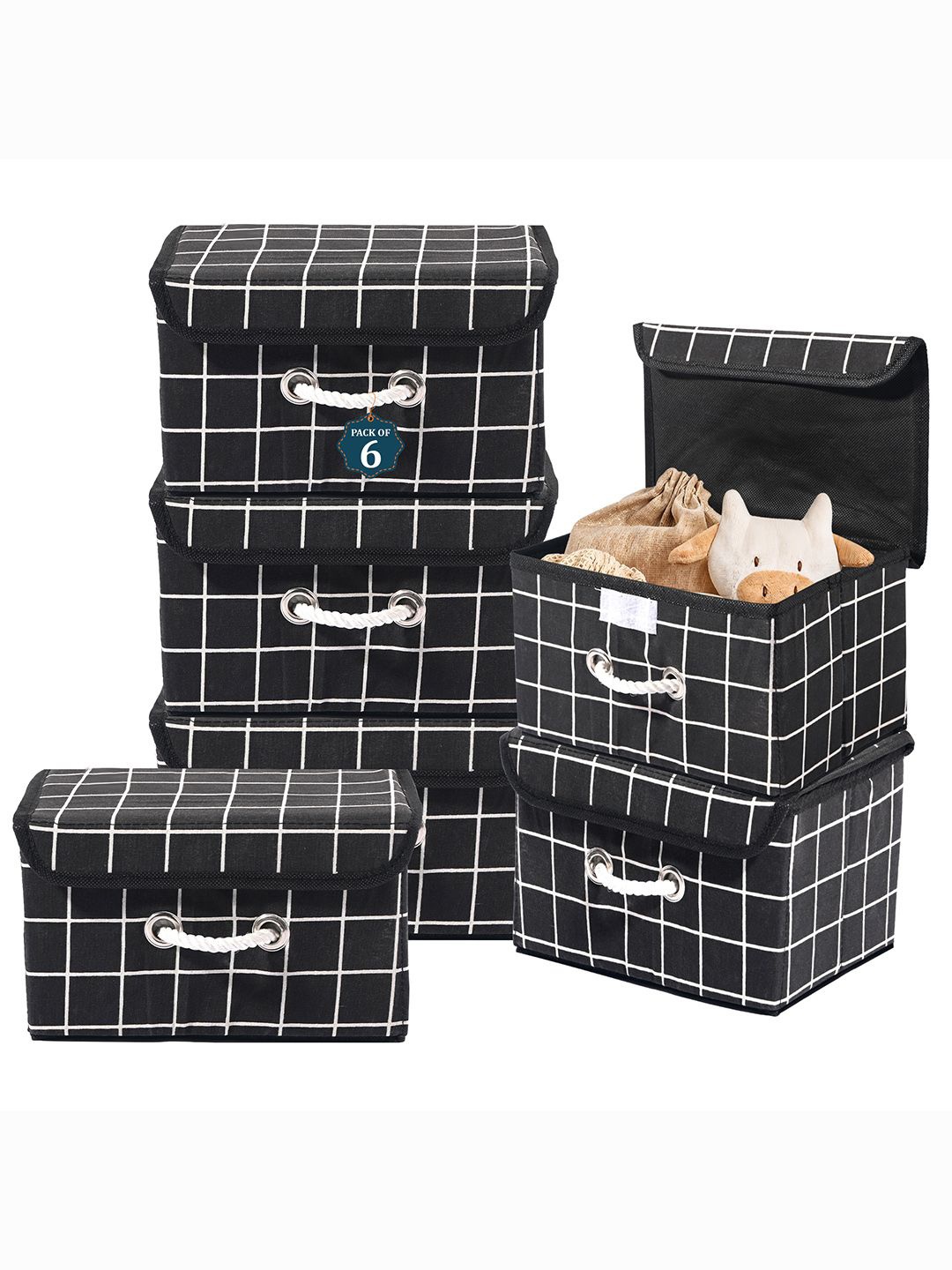 

Kuber Industries Black Set of 6 Checked Cotton Reusable Drawer Organisers