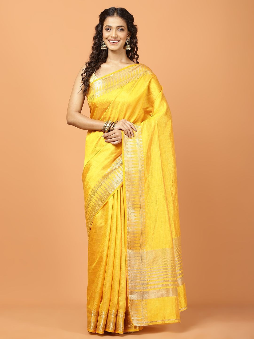 

Meena Bazaar Zari Saree with Blouse Piece, Yellow