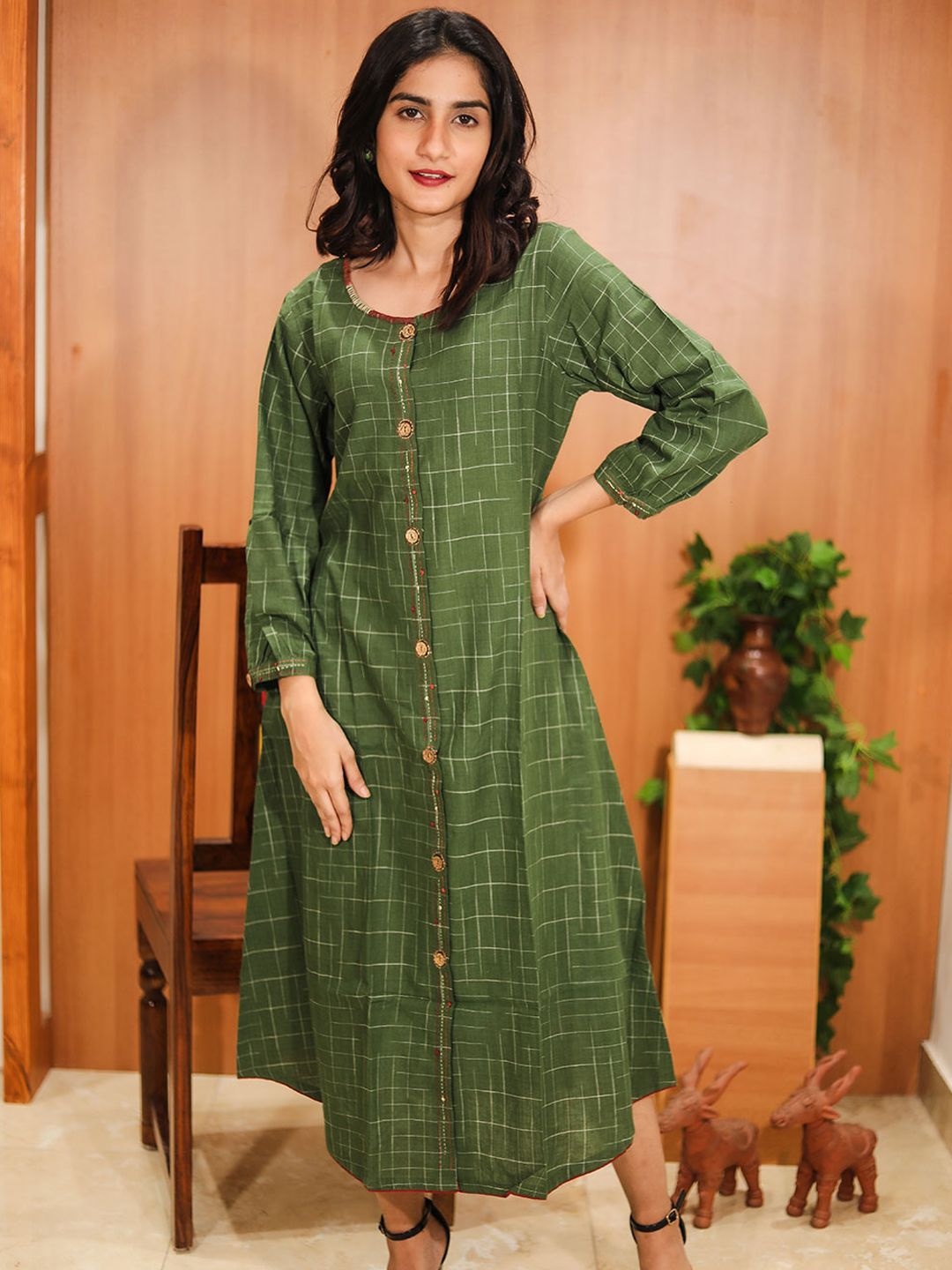 

Avishya Women Embroidered A-Line Dress, Green