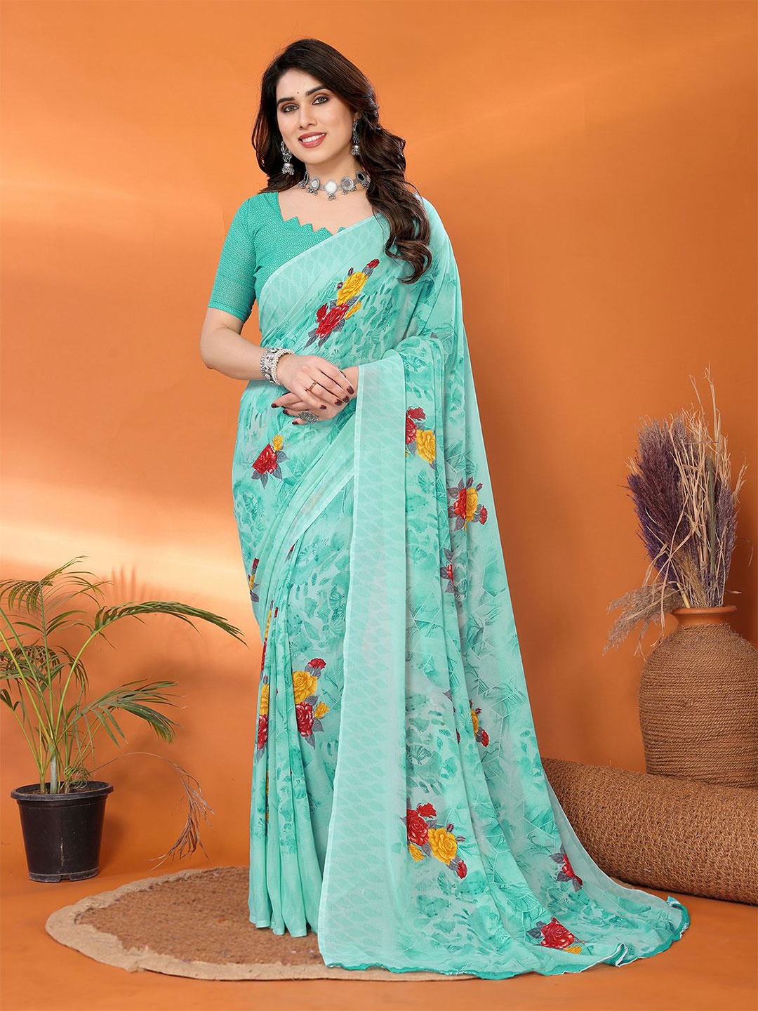 

Moda Rapido Floral Printed Saree With Blouse Piece, Blue