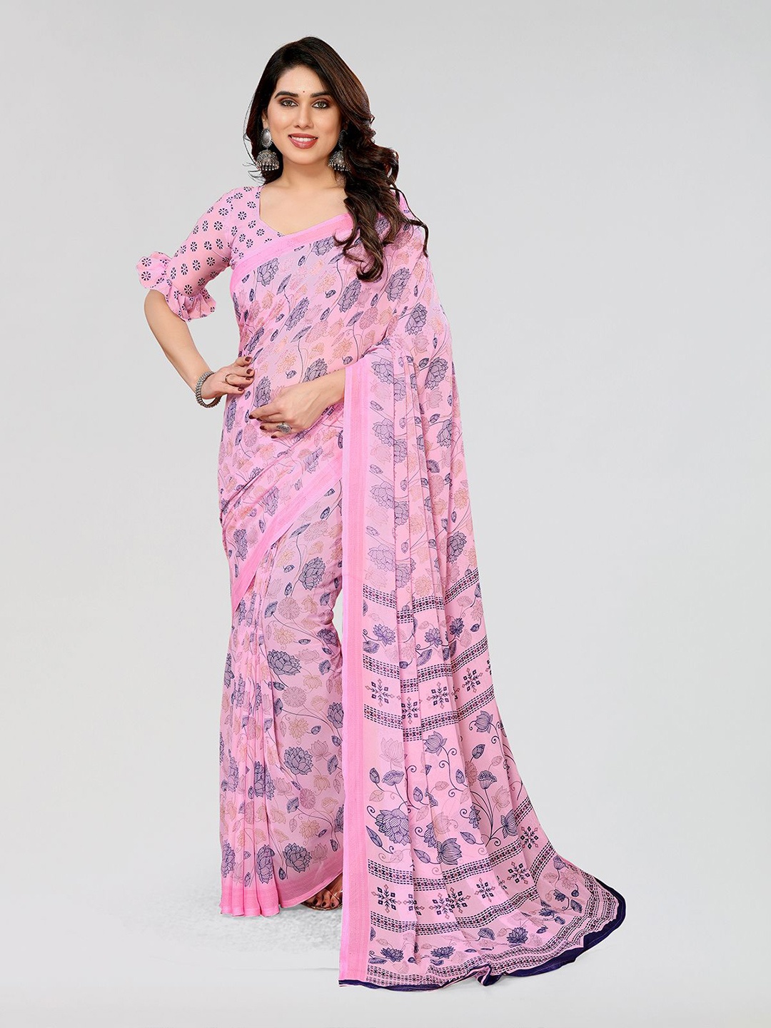 

Moda Rapido Floral Printed Saree With Blouse Piece, Pink