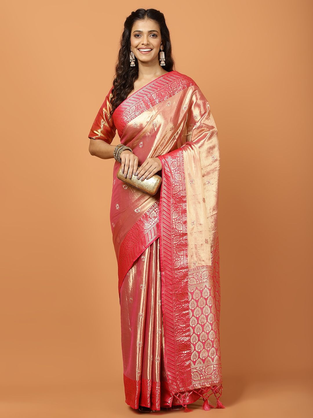 

Meena Bazaar Woven Design Zari Tissue Banarasi Saree, Pink