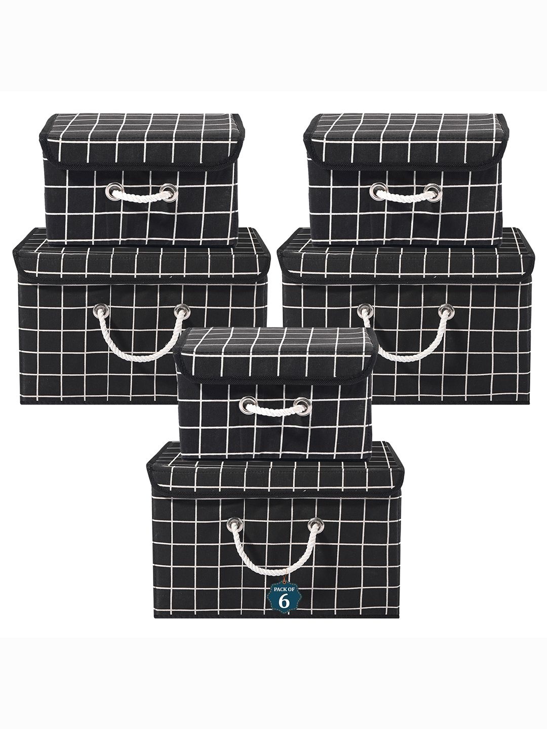 

Kuber Industries Black & White 6 Pieces Checked Cotton Multipurpose Drawer Organisers