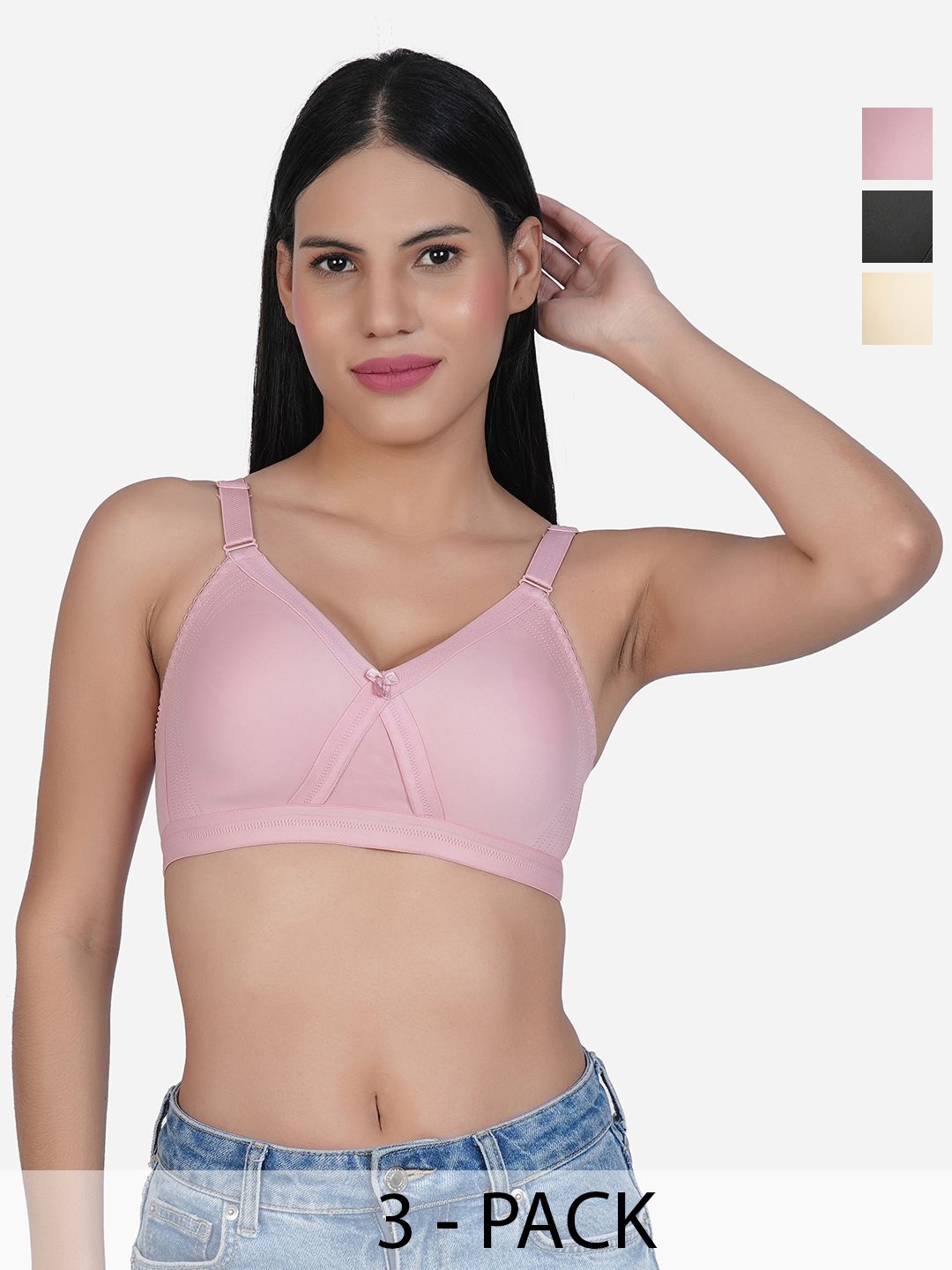 

SHYAM SONS FLAIR Pack Of 3 Cotton Cut and Sew Non Padded Full Coverage Bra, Black