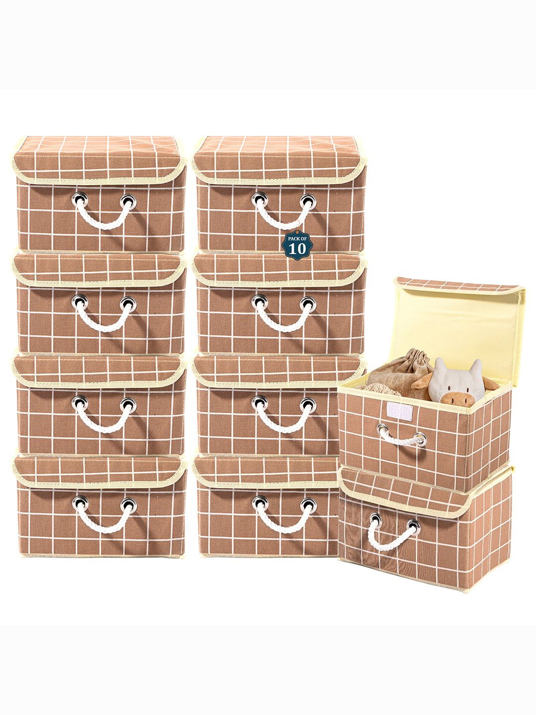 

Kuber Industries Brown Set of 10 Reusable Drawer Organiser Check Print Storage Basket