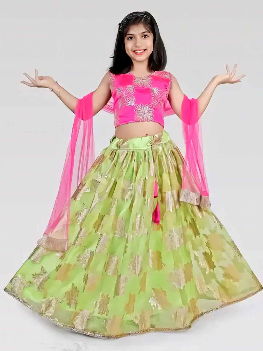 

BAESD Girls Embroidered Thread Work Organza Ready to Wear Lehenga & Blouse With Dupatta, Green