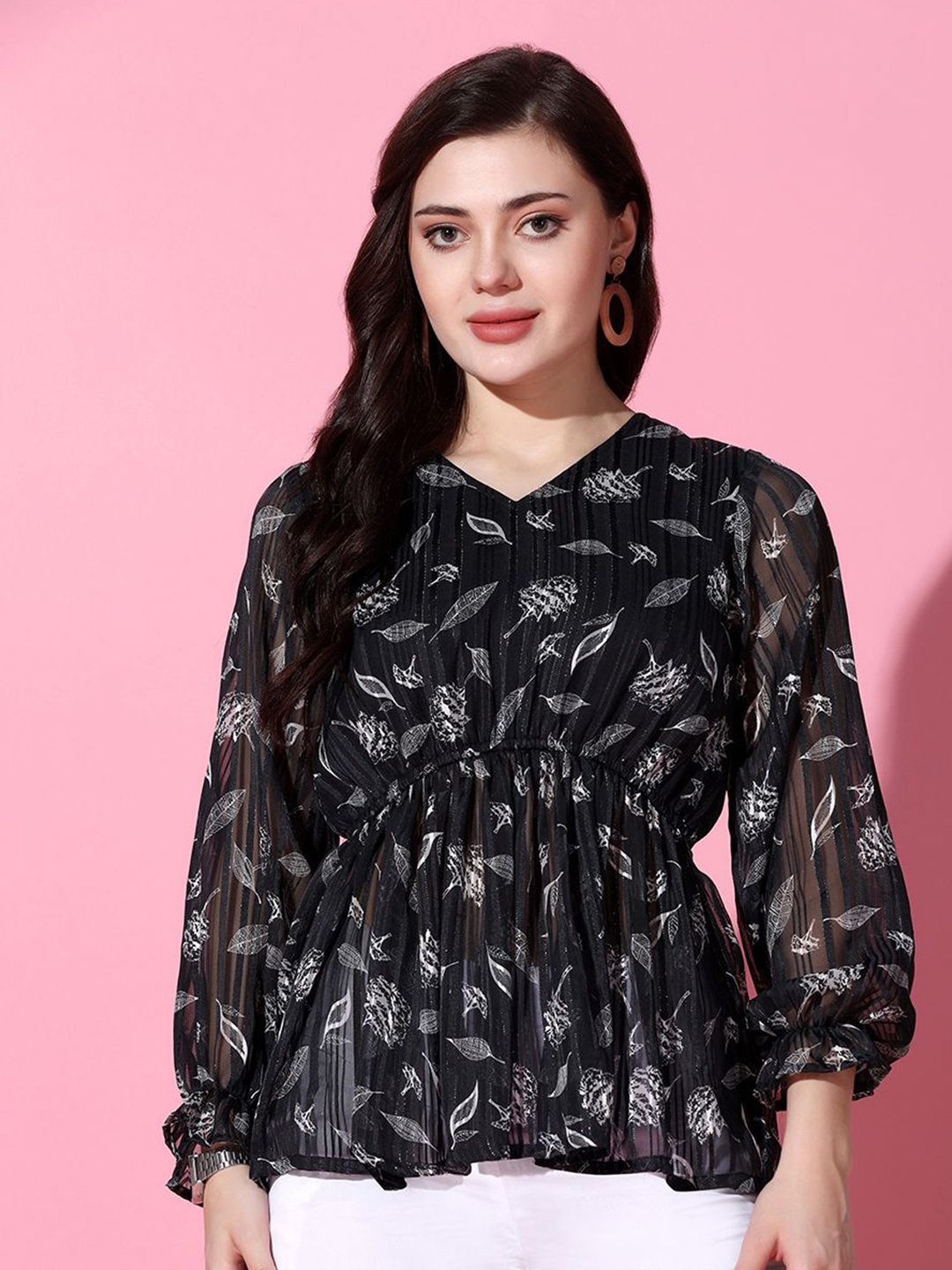 

Moda Rapido Women Floral Printed Puff Sleeves Peplum Top, Black